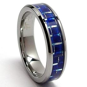 5MM Flat Top Tungsten Carbide Ring Wedding Band W/ Blue Carbon Fiber Inlay Sizes 5 to 8.5: Jewelry