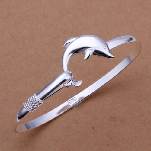 Fashion Women Jewelry Solid 925 Sterling Silver Dolphin Bangle Bracelet Gift
