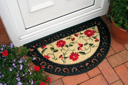 Elegant Half Moon Pink Flower Coir Outside Heavy Doormat 45x75cm
