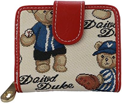 The Orient Bee Bear Embroidery Bifold Denim Wallet Small with Zippered Pockets Red