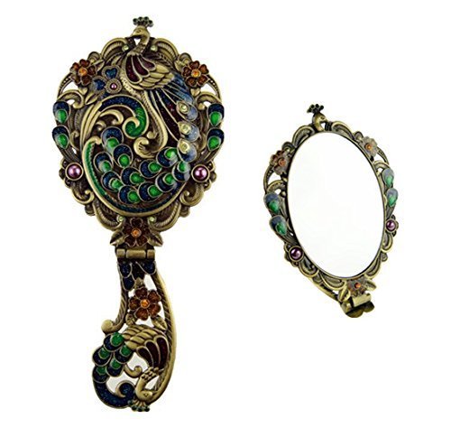 Ivenf Vintage Handheld Metal Oval Make-Up Mirror, Peacock Closed Tail, Bronze