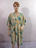 Gypsy Boho Cream Blue Beaded Womens Fashion Caftan Top Floral Print Kaftan Poncho Chiffon Dress