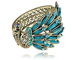 Golden Blue Beads Crystal Rhinestone Gems Side Profile Peacock Bracelet Bangle