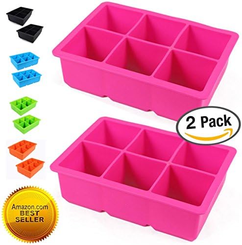 2 Pack - King Cube Ice Trays - 2-inch Squares - 6 Large Ice Cube Maker Per Tray, Extra Large Silicone Mold (2-PACK PINK)