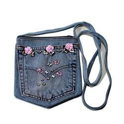 Denim Handbag with Pink Flower Crafted from Vintage Denim