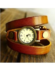 Brown Multistrand Cowhide Bracelet Vintage Womens Watch with Rivets