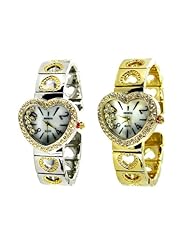 Geneva Heart Shaped Accented Rhinestones Cuff Bangle Watch-Two-Tone