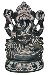 Sculpture Lord Ganesha Seated on Conch Shell Stone Statue From India 8 Inch