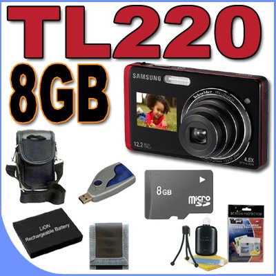 Samsung TL220 DualView 12MP Digital Camera w 4.6x Wide Angle Optical Zoom (Red) BigVALUEInc Accessory Saver 8GB Battery Bundle Samsung TL220 DualView 12MP Digital Camera w 4.6x Wide Angle Optical Zoom (Red) BigVALUEInc Accessory Saver 8GB Battery Bundle