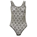 Womens Khaki Vest Top Floral Print Lace Sleeveless Stretch Ladies Fitted Leotard Bodysuit S/M M/L