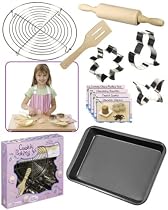 Children's professional quality Cookie Chef Bake set includes a 8" x 12" non-stick cookie pan, 7.5" diameter stainless steel cooling rack, 9.25" wooden rolling pin, 6" wooden spatula and three cookie cutters and four recipies *Great Gift Idea*
