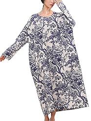 Long Sleeves Linen Floral Print Round Neck  Dress
