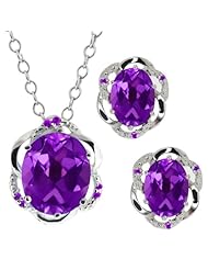 6.87 Ct Oval Purple Amethyst Gemstone 14k White Gold Pendant Earrings Set