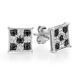 Sterling Silver Black & White Round Cut Diamond Square Shaped Micro Pave Stud Earrings 1/4 CT (0.25 cttw, G-H color, I1-I2 clarity)