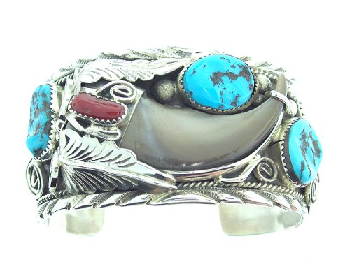 By Artist Mike Thomas: Beautiful! Genuine Navajo Sterling-silver Bear Claw Turquoise Men's Bracelet