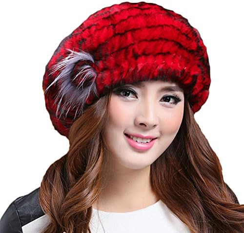 MINGXINTECH womens real rabbit fur with fox fur flower hat winter warm baret cap