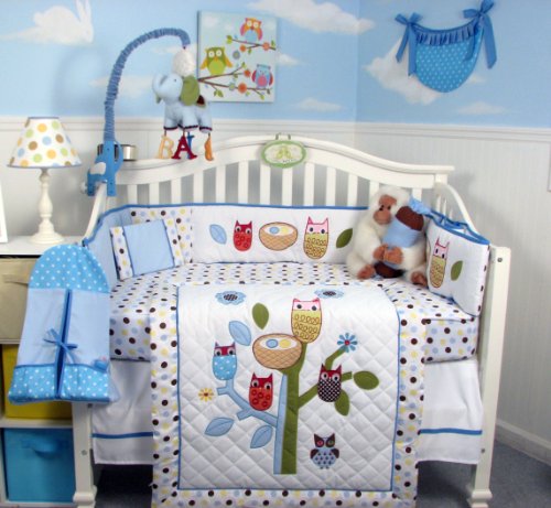 SoHo Blue Owl Tree Baby Crib Nursery Bedding Set 13 pcs included Diaper Bag with Changing Pad and Bottle Case