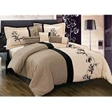 7 Pieces Luxury Brown, Cream, and Black with Floral Linen Comforter (92x96 in Inch) Set / Bed-in-a-bag Queen Size Bedding
