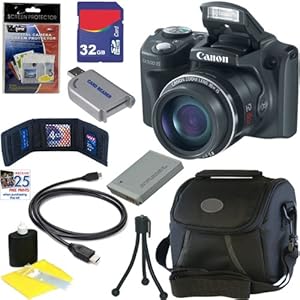 Canon PowerShot SX500 IS 16.0 MP Digital Camera with 30x Wide-Angle Optical IS Zoom (Black) + NB-6L Battery + 8pc Bundle 32GB Accessory Kit