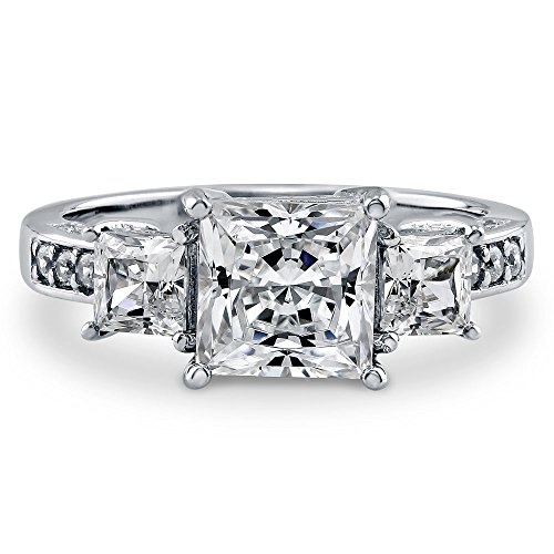 BERRICLE Sterling Silver Princess Cut Cubic Zirconia CZ 3 Stone Womens Engagement Wedding Ring