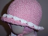 Htc139rw, Hand Crocheted Raspberry Chenille Gimp Floppy Hat with Earflaps with White Chenille Trim for Infants and Todlers