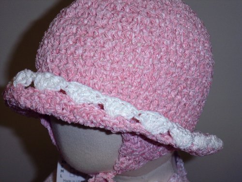 Htc139rw, Hand Crocheted Raspberry Chenille Gimp Floppy Hat with Earflaps with White Chenille Trim for Infants and Todlers