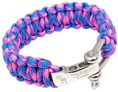 The Friendly Swede (TM) Premium Paracord Survival Bracelet With Stainless Steel Bow Shackle - Adjustable Size Fits 8-8.5 Inch Wrists - In Retail Packaging (Bright Pink + Sky Blue Camo)