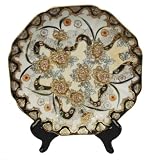 Decorative Chinese hand painted porcelain plate, scalloped edge with gold filigree work- Flowers and ribbon