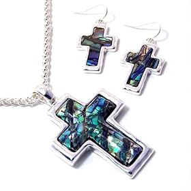 Abalone Cross Pendant 18" Necklace and Earring Set Fashion Jewelry