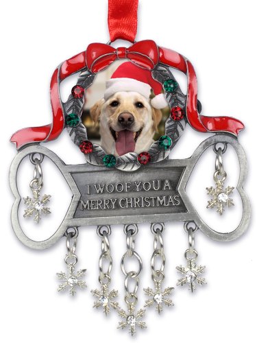 Dog Ornament -- Pet Photo Ornament with Dangling Sparkling Snowflakes and Embossed with the Saying 
