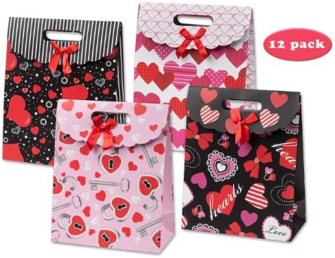 Valentine Gift Bags in assorted Styles & Sizes; 12 Pack