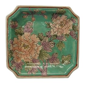 Square chinese porcelain plate light green with lavendar and peach flowers