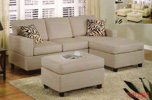 3 pcs Sectional Sofa Set with Ottoman and Accent Pillows in Mushroom