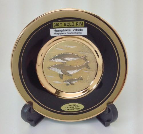 Art of Chokin Onyx Porcelain Plate 24k Gold Trim w/ Stand Humpback Whales