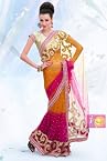 Orange and Pink Fascinating Net Saree with fancy pink lace border