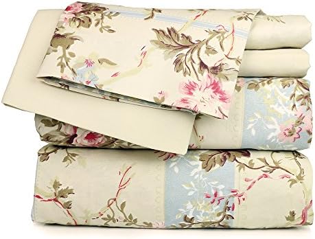 Super Soft Luxury Floral Six Piece Bed Sheet Set in 6 Prints (King, Beige Floral)