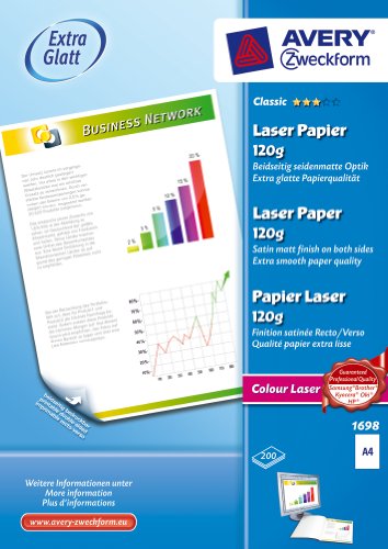Avery Zweckform 1698 Classic Colour Laser Papier, DIN A4, extra glatt beschichtet - satiniert, 120 g/m², 200 Blatt Avery Zweckform 1698 Classic Colour Laser Papier, DIN A4, extra glatt beschichtet - satiniert, 120 g/m², 200 Blatt