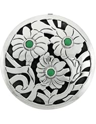 Sterling Silver Floral Mandala Brooch Pin Pendant w/ Green Crystals, 1 5/8 inch wide