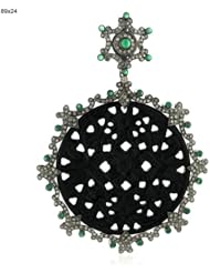 18k Gold Carved Black Onyx Pendant, Pave Diamond Silver Handmade Designer Carved Jewelry