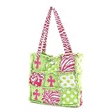 Quilted Ragged Patchwork Tote Bag Cross Accent - Lime/Pink