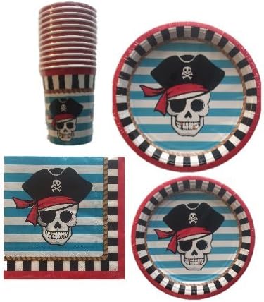 Pirate Party Premier Pack for 12+ (16 - 9" Round Plates, 18 - 7" Round Plates, 12 - 9oz Paper Cups, &amp; 20 Dinner Napkins)