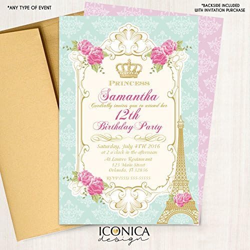 Vintage French Party - Paris - Victorian - Mint Royal Princess Invitation Marie Antoinette Printed or Printable File Free Shipping - Glossy Papper