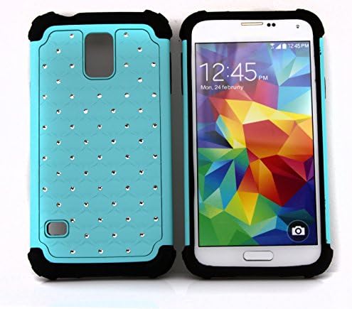 Microtimes Deluxe Studded Diamond Bling Hybrid Hard Soft impact Armor Shockproof Silicone Case Cover for Samsung Galaxy S5 i9600. (Diamond Sky bule)