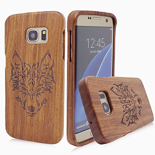 Galaxy S7 Edge Case,Samsung S7 Edge Case Wood,ATOOZ(TM) 100% Natural Rosewood Unique Real Handmade Design Hard Shockproof Case for S7 Edge(Wolf)