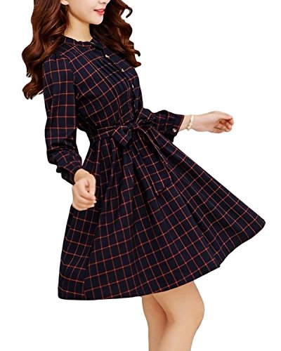 cmy select チェック柄 フレア ワンピース 長袖 ウエストリボン コットン レディース ショート丈