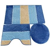 3 Piece Bathroom Bath & Pedestal Mat/Rug Set with Matching Toilet Seat Cover (5 Colours) (See Description) (Blue)