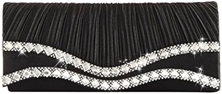Emour Women Satin Pleated Rhinestone Clutch Wedding Bag Bridal Prom Evening HandBag (Black)