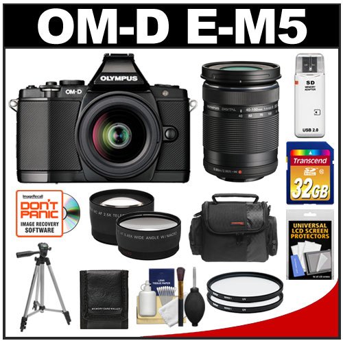 Olympus OM-D E-M5 Micro 4/3 Digital Camera & 12-50mm Lens (Black/Black) with M.Zuiko 40-150mm Lens + 32GB Card + Case + Filters + Tripod + Telephoto & Wide-Angle Lens Kit On Sale