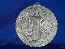 ST. BENEDICT SILVER MEDAL 4 3/4" D IN GEN. PEWTER "Catholicgiftstore"