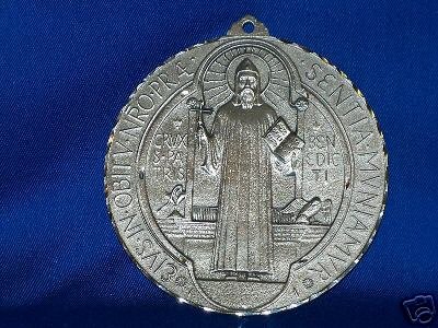 ST. BENEDICT SILVER MEDAL 4 3/4" D IN GEN. PEWTER "Catholicgiftstore"